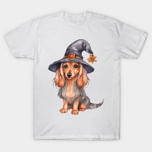 Watercolor Dachshund Dog in Witch Hat T-Shirt